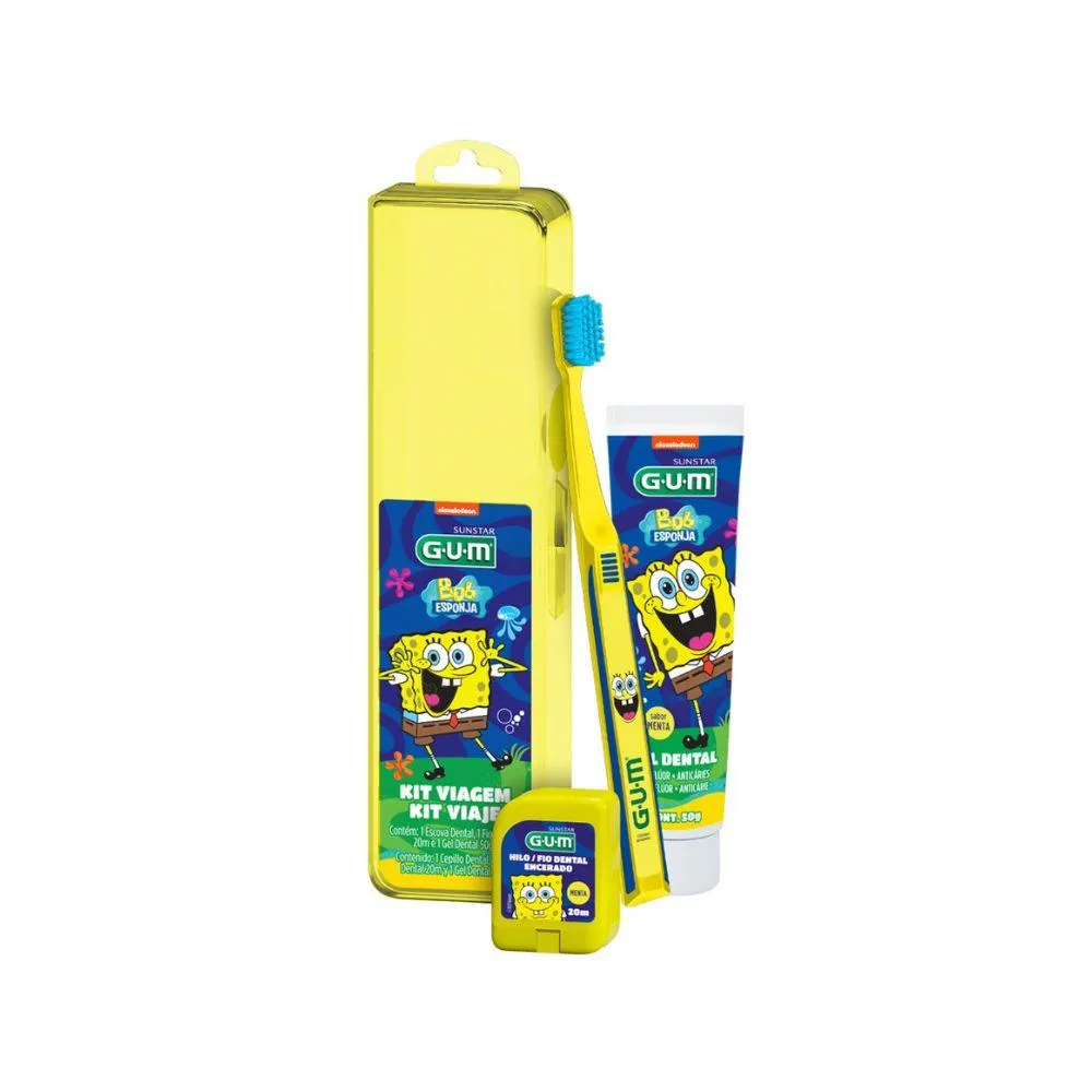 Kit Viagem Bob Esponja Escova Dental Infantil GUM Macia 1 Uni + 1 Fio Dental Sabor Menta 20m 1 Uni + 1 Gel Dental Flúor Sabor Menta 50 g 1 Uni