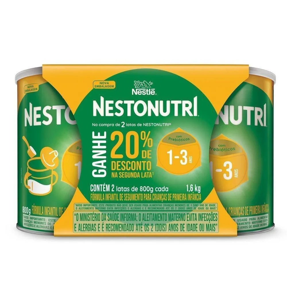 Kit Fórmula Infantil Nestonutri de 1 a 3 Anos 800 g 2 Unidades Ganhe 20% de Desconto na Segunda Lata