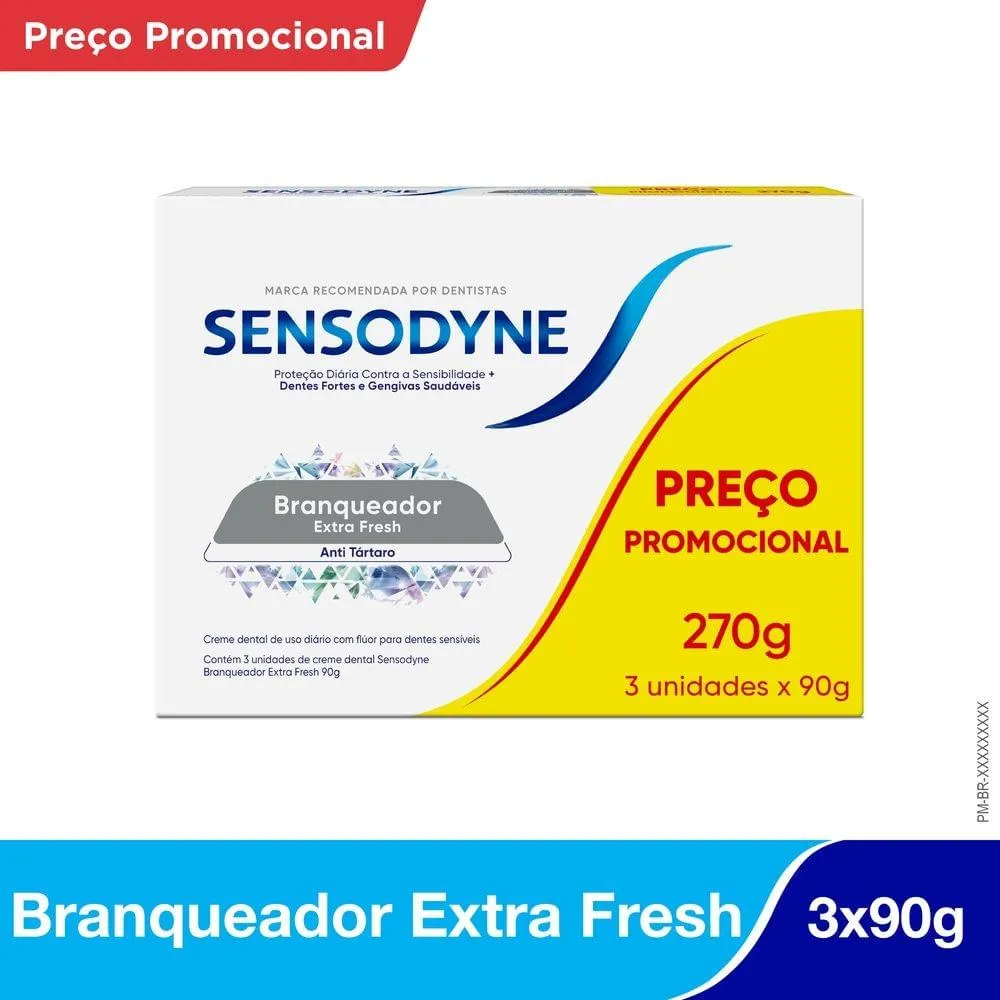 Kit Creme Dental Sensodyne Branqueador Extra Fresh Anti Tártaro para Dentes Sensíveis 90 g 3 Unidades