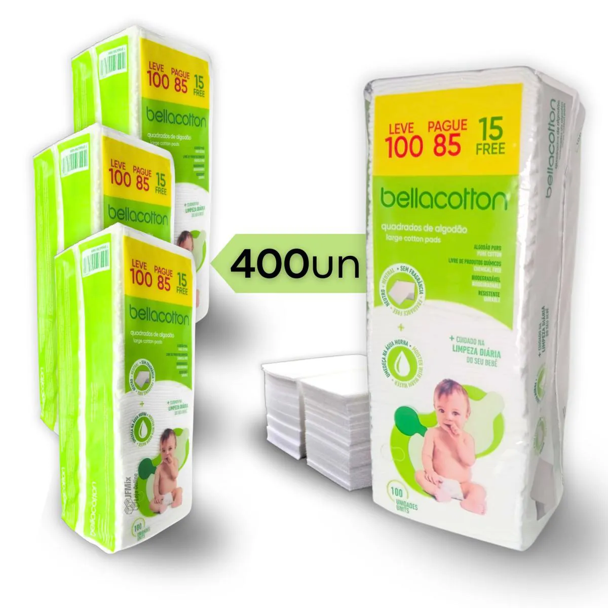 Algodão Quadrado Bebê Bellacotton 400 unidades
