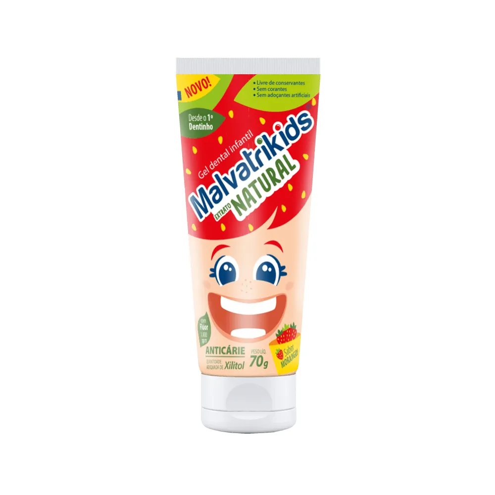 Gel Dental Infantil Malvatrikids Extrato Natural Anticáries Flúor Xilitol Sabor Morango 70 g