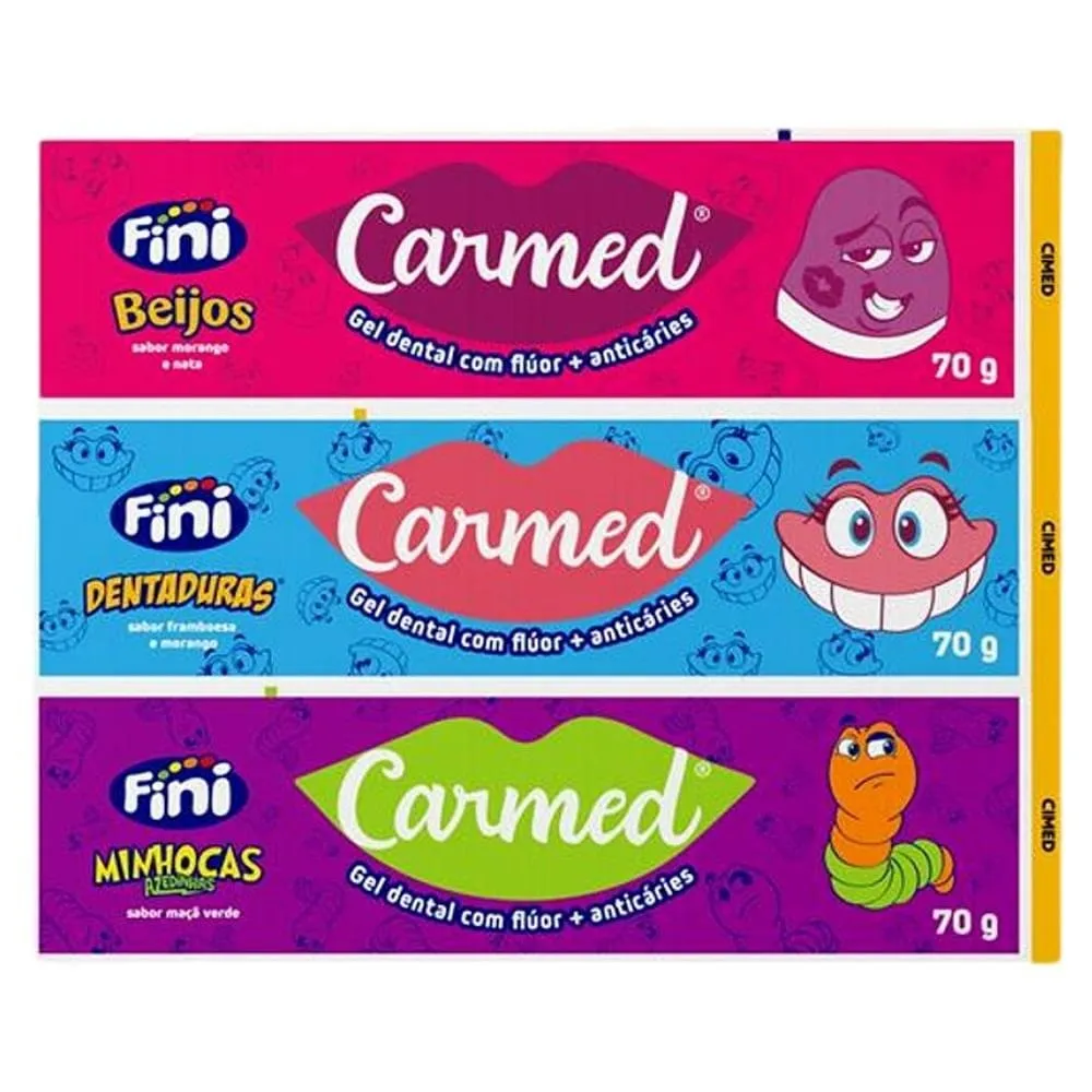 Kit Gel Dental Infantil Carmed Fini Minhocas Azedinhas Maçã-Verde + Dentaduras Framboesa E Morango + Beijos Morango E Nata Anticáries Com Flúor 70 g