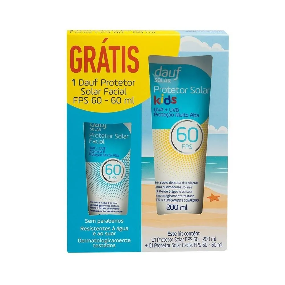 Protetor Solar Dauf Kids Fps60 200 ml Gratis Protetor Solar Facial Fps60 60 ml