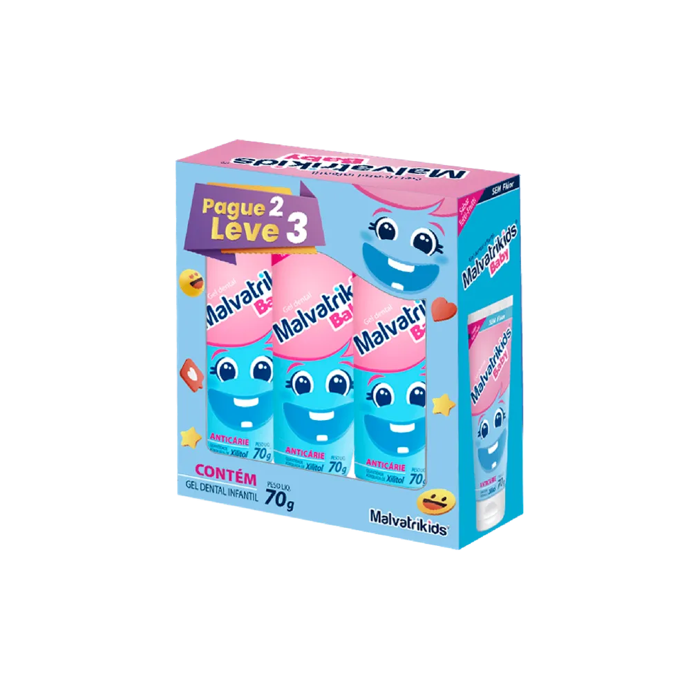 Kit Gel Dental Infantil Malvatrikids Baby Anticáries 70 g 3 Unidades Leve 3 Pague 2