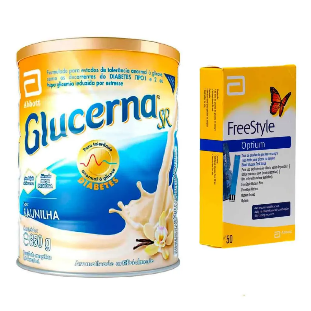 Kit Suplemento Alimentar Glucerna Baunilha 850 g + Tiras para Teste de Glicemia Freestyle Optium 50 Unidades