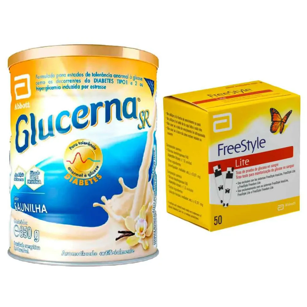 Kit Suplemento Alimentar Glucerna Baunilha 850 g + Tiras de Teste para Glicose Freestyle Lite 50 unidades